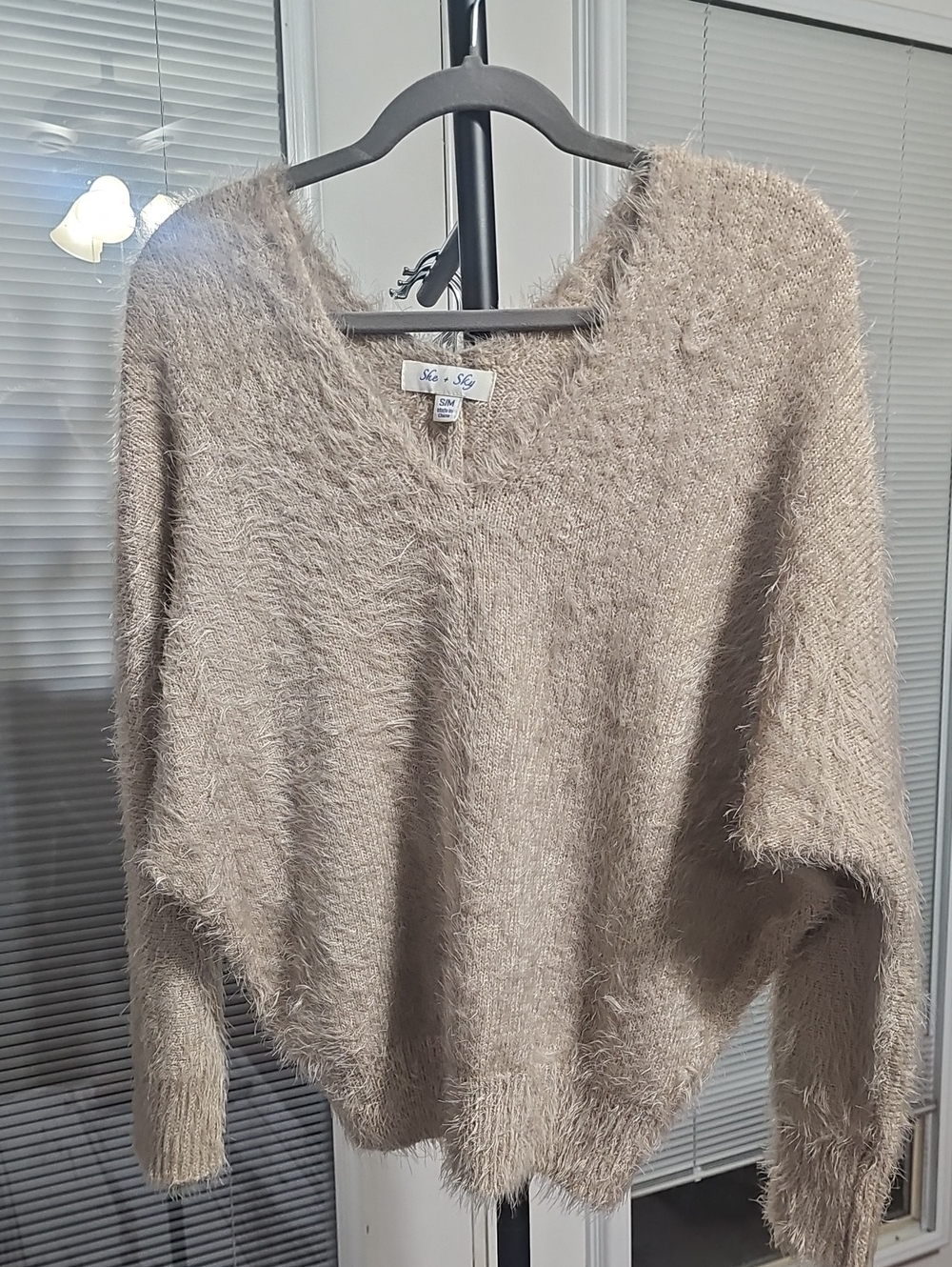 She + Sky Fuzzy Taupe V-Neck Pullover Sweater